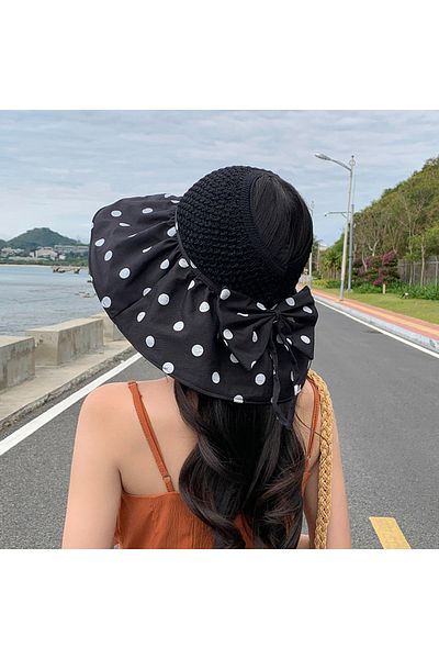 Shopiolog Women's Polka Dot Visor Hat - Wide Brim, UV Protection, Vacation Pool Sea Travel Beach Hat