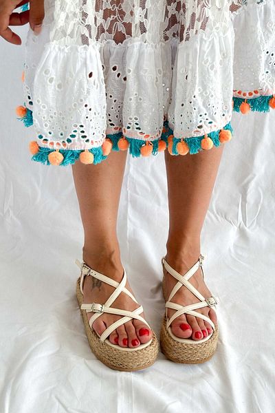 Shoebutik Alexandra Béžová kůže - slaměné sandály s vysokou podrážkou