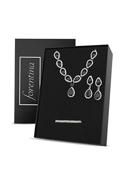 Forentina Gümüş Renk Siyah Taşlı Kolye Küpe Bileklik Takı Seti - Ps279000tr