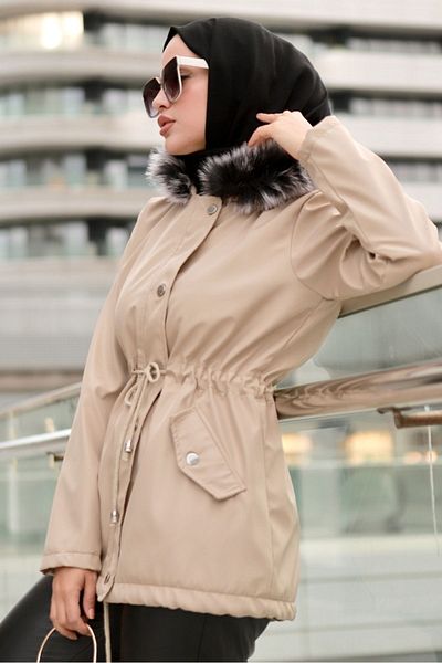 Bestenur Berfin Stone Χρωματιστή Γούνα Εσωτερική Διπλή Τσέπη Hijab Παλτό 364