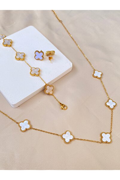 Inure Jewelry Matchless Beyaz Sedef Taşlı Yonca Model Kadın Çelik (KOLYE & BİLEKLİK & KÜPE) 3'lü Set