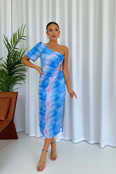Mine Tan Butik Μπλε φόρεμα με γραβάτα με έναν ώμο με μοτίβο χαμηλού κοψίματος