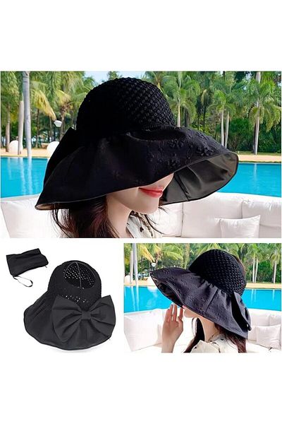 Shopiolog Wide Brim Knitted Visor - Foldable Bow Beach Hat