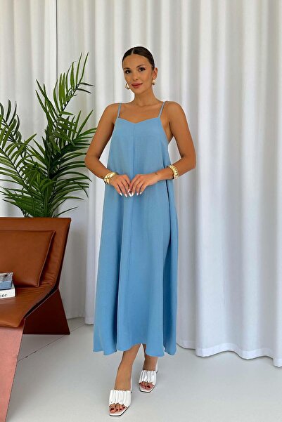 3MMM TEKSTİL Rochie lungă albastră cu decolteu în V - Bretele subțiri