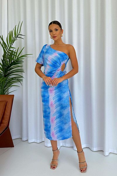 Mine Tan Butik Μπλε φόρεμα με γραβάτα με έναν ώμο με μοτίβο χαμηλού κοψίματος