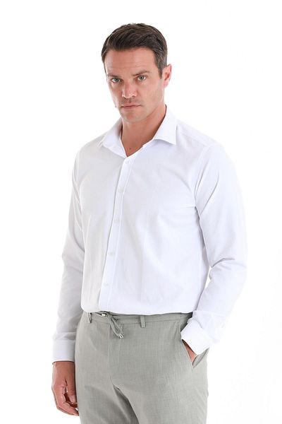 Hatemoğlu Βαμβακερό Slim Fit Λευκό Πουκάμισο - Μακρυμάνικο, Λεπτός Γιακάς