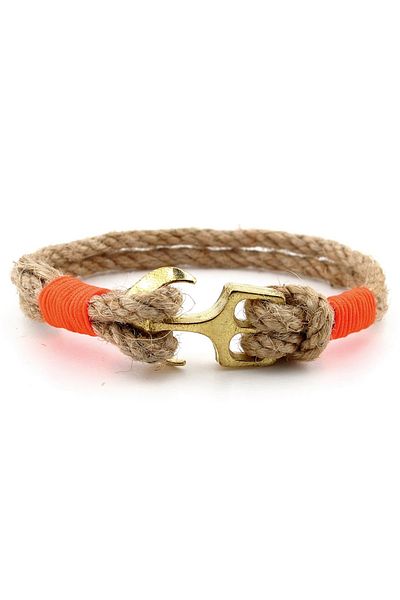 Solfera Men's Bracelet M058B - Beige, Rope Orange Braid, Yellow Color Metal Anchor Sailor
