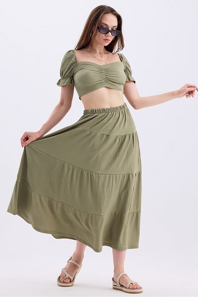 MD trend Heart Collar Crop Top and Elastic Waist Women's Skirt - Princess Sleeve Set