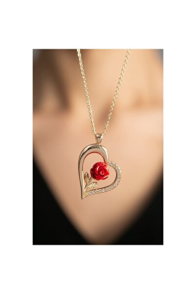 anadolusilver Kadın Kırmızı Gül Detaylı Kalp Model Zirkon Taşlı Kolye