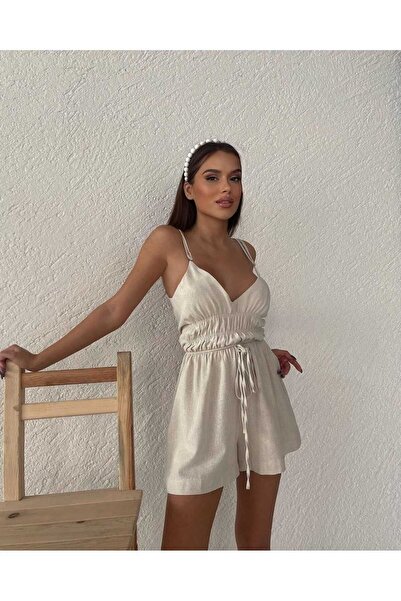 Genel Markalar Kadın Beli Büzgü Detaylı Organik Keten Kumaş İnce Askılı Tulum