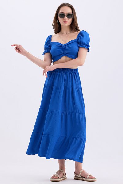MD trend Heart Collar Crop Top and Elastic Waist Women's Skirt - Princess Sleeve Set