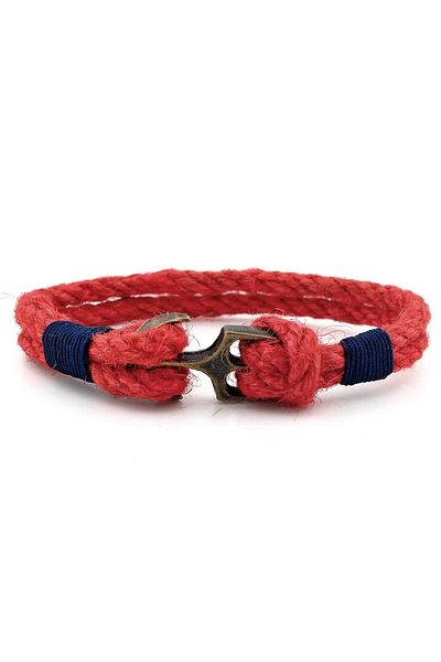 Solfera Men's Bracelet M056C - Red Rope, Navy Blue Braid, Bronze Color Metal Anchor Sailor