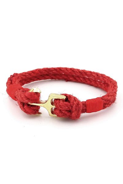 Solfera Men's Bracelet M056B - Red Rope Braid, Yellow Colored Metal Anchor Sailor