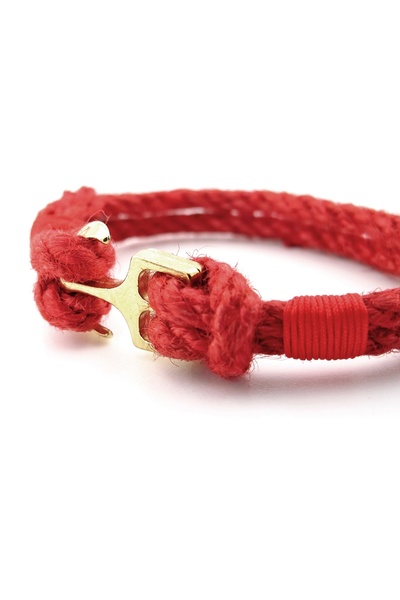 Solfera Men's Bracelet M056B - Red Rope Braid, Yellow Colored Metal Anchor Sailor