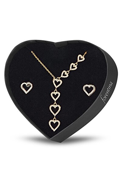 Forentina Altın Kaplama Kalpli Kolye Küpe Set - Kalpli Kutusunda - Ps142600tr