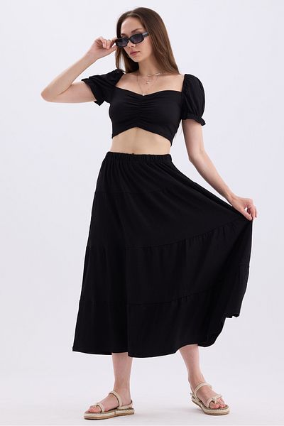 MD trend Heart Collar Crop Top and Elastic Waist Women's Skirt - Princess Sleeve Set