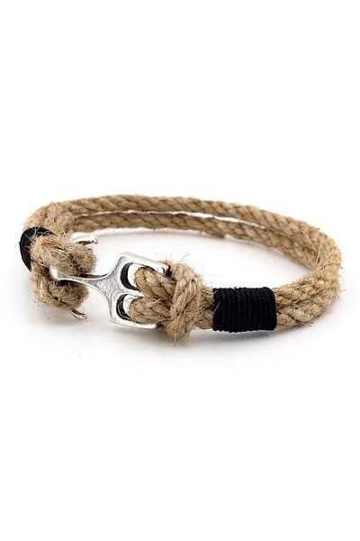 Solfera Men's Bracelet - Beige Rope, Black Braided Metal Anchor, Sailor M058A