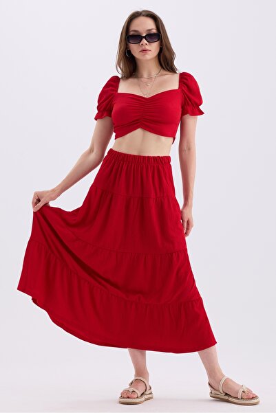 MD trend Heart Collar Crop Top and Elastic Waist Women's Skirt - Princess Sleeve Set