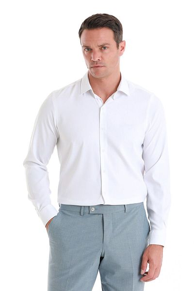Hatemoğlu Comfort Fit Λευκό μακρυμάνικο πουκάμισο με λεπτό γιακά