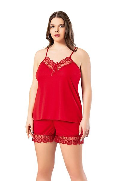 LEYNA BUTİK Red Lace Detailed Large Size Nightgown with Shorts - Rope Strap