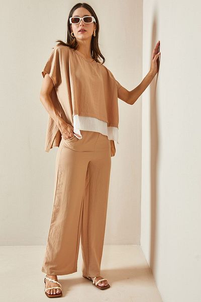 XHAN Beige Crew Neck 5YXK8-48706-25 Double Suit Set