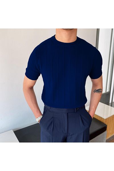 COMBİNE MİCHAİL Ανδρικό πλεκτό μπλουζάκι - Navy Blue, Crew Neck