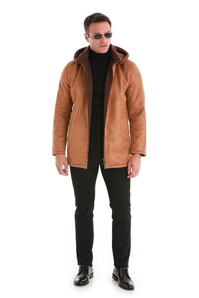 Hatemoğlu Hakim Collar Slim Fit Brown Leather Hooded Coat
