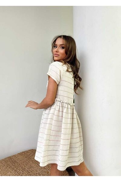 OlaLady Γυναικείο Μίνι ριγέ κοντομάνικο φόρεμα από οργανικό λινό