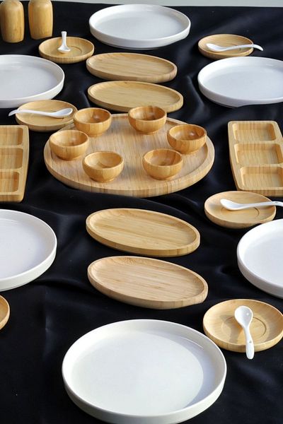 Bambum Atbyhome 6 Person 33 Piece Bamboo - Ceramic Breakfast Set - Luxury Breakfast Presentation Set