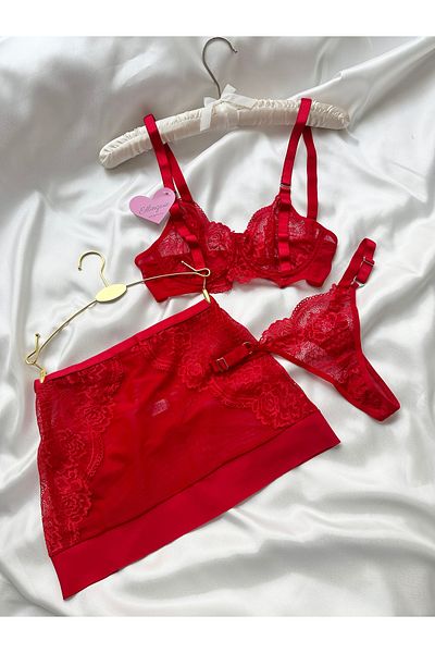 EDLİNGERİE Red Angela Skirt Set
