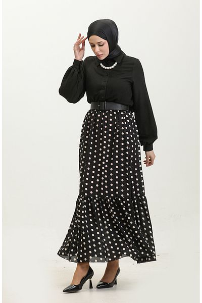 sefamerve Black Voile Skirt Polka Dot Patterned and Gathered - 0343C-01