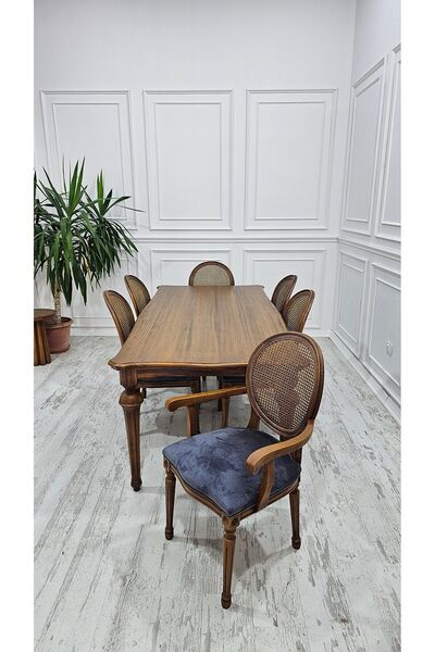 HASAĞAÇ %100 Ladin Ağacı Klasik Asil Masa + 6 Adet Oymalı Hazeranlı Asil Klas...