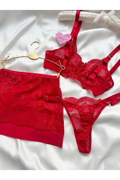 EDLİNGERİE Red Angela Skirt Set