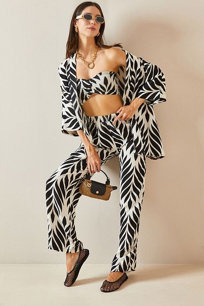 XHAN Triple Black Patterned Kimono Set - 5YXK8-48717-02