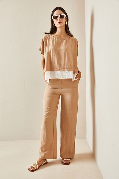 XHAN Beige Crew Neck 5YXK8-48706-25 Double Suit Set