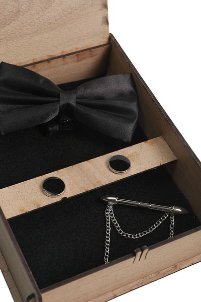 BAYEFENDİ Black Bow Tie Cufflinks 1003 and Arrow Symbol Pin Gift Set - Wooden Box