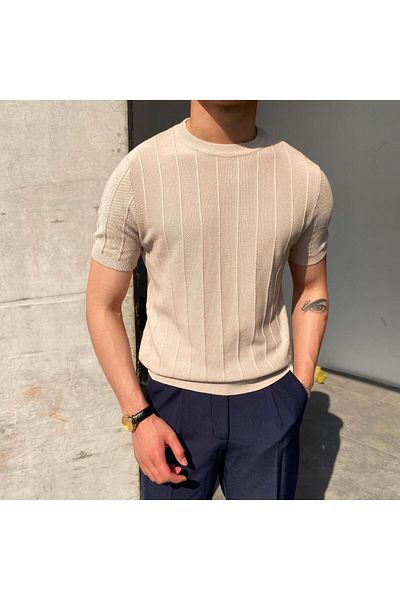 COMBİNE MİCHAİL Tricou pentru bărbați, cu gât crew, tricotaj bej