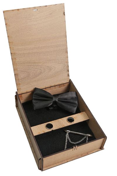 BAYEFENDİ Black Bow Tie Cufflinks 1003 and Arrow Symbol Pin Gift Set - Wooden Box