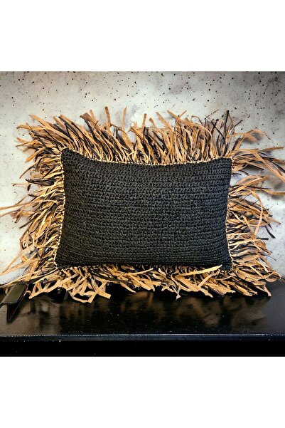 Leila Home and Living Bej siyah püsküllü kağıt ip nakış dekoratif kırlent kılıfı