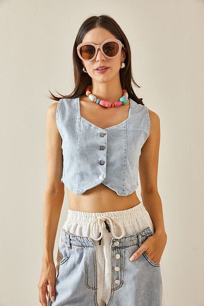 XHAN Denim Crop Vest Ice Blue - 5YXK4-48705-43