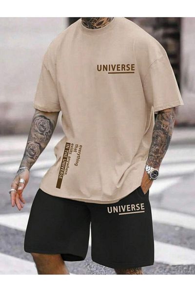SANTAMİNA Beige Universe Printed Top and Bottom Shorts T-shirt Set