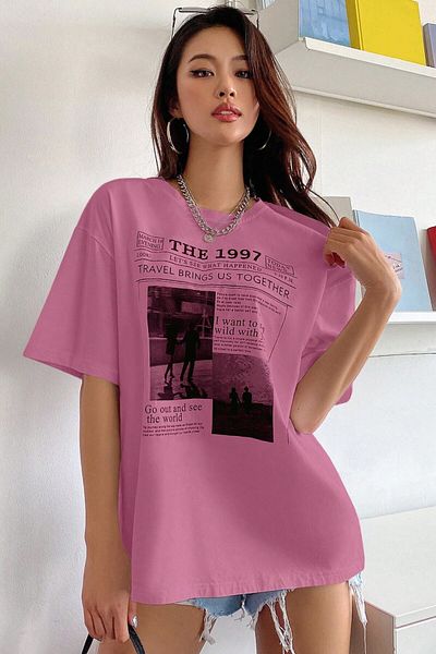 MODAGEN 1997 Tricou unisex supradimensionat roz imprimat - Decolteu
