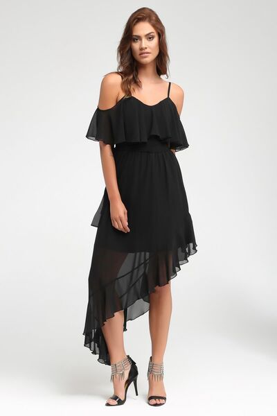 Laranor Women's Black Flounce Detail Dress on Shoulder and Skirt 17L5332