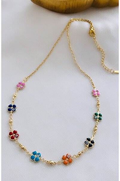 VNS Accessories Çelik Göz Detaylı Çok Renkli Yonca Kolye (45 cm)