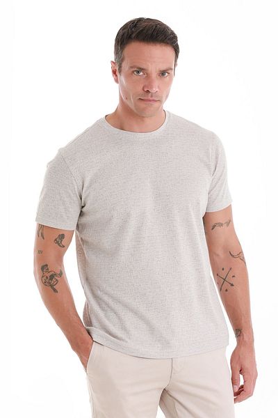 Hatemoğlu Μπλουζάκι λινό Jacquard Stone Color - Κανονική Εφαρμογή, Crew Neck