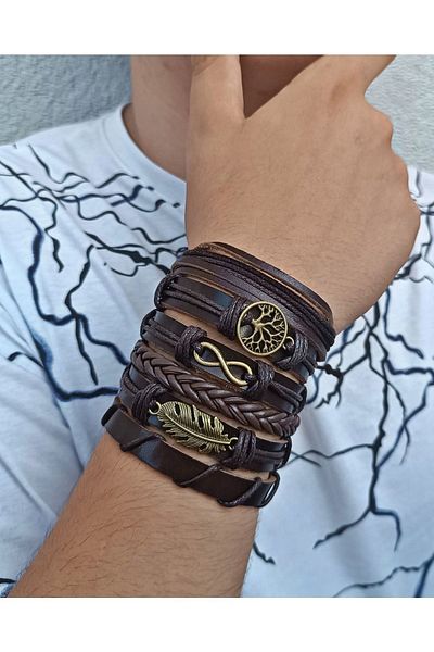 BSN Store Tree of Life Infinity Leaf Antique Bronze Figured 6-Piece Genuine Leather Bracelet
