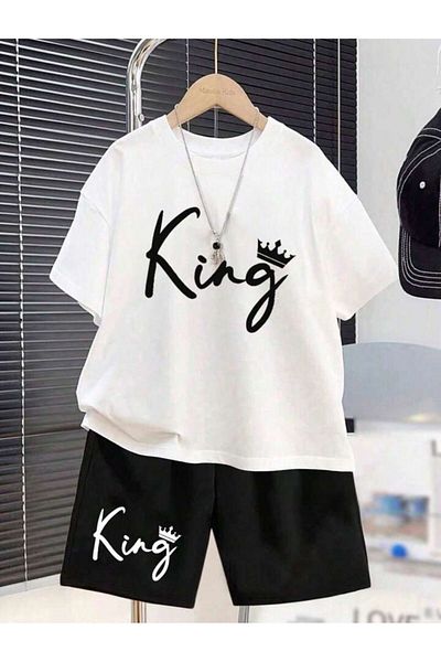 aynewmoda طقم شورت و تي شيرت للأطفال بطبعة King