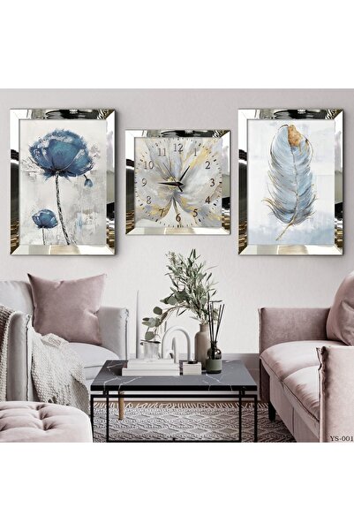 Genel Markalar Mavi Çiçek Aynalı Gümüş Pleksi Saat ve Tablo Seti Ys-1