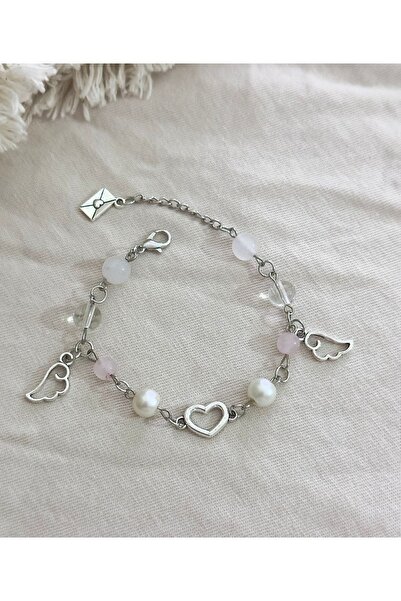 sleyshop Pembe kuvars aytaşı doğaltaş cam inci boncuk kalp kanatlı el yapımı ...