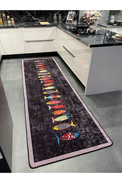 Brillant Gri Siyah Renk Fishes Balık Desenli Mutfak Halısı